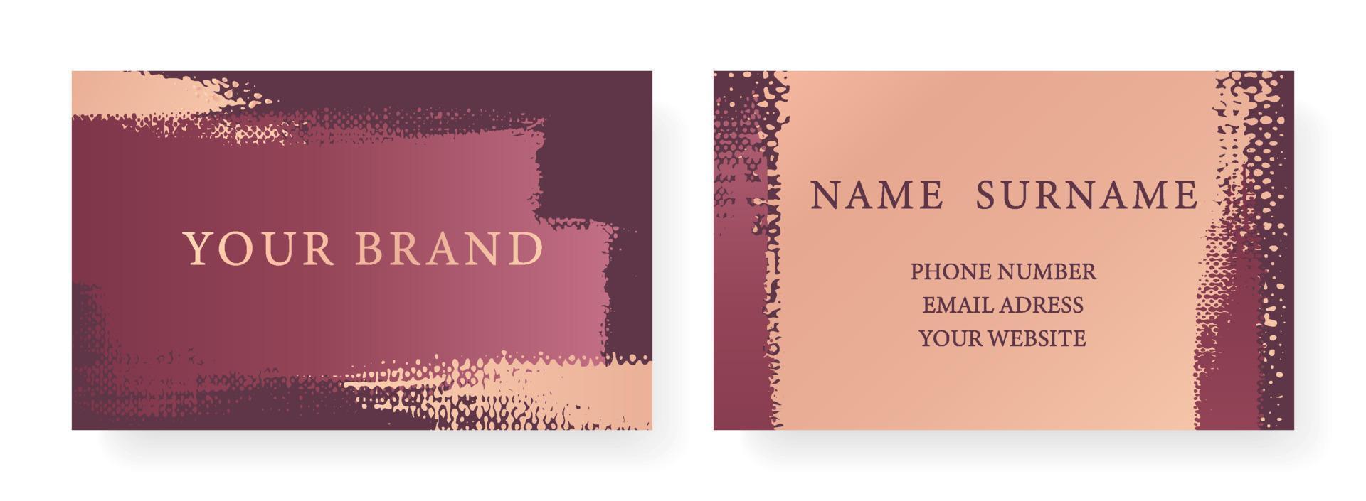 Business card with luxury. Creative art pattern with gold brush stroke, paint drop on purple background. Formal premium template for invitation design, Gift card, voucher or luxe name vector