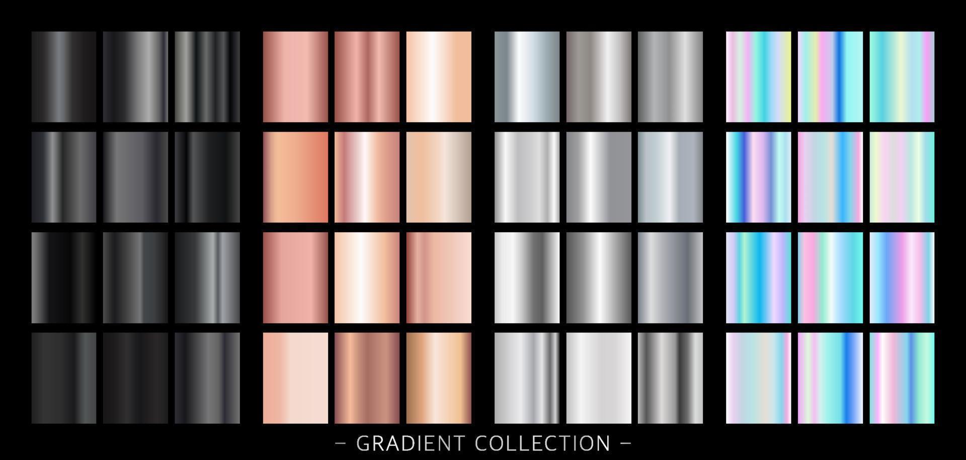 Collection Rose Gold, Silver Gradient, Black Gradient and Foil Gradient modern combinations of colors and shades. Gradient color palette in the form of squares. Vector. vector