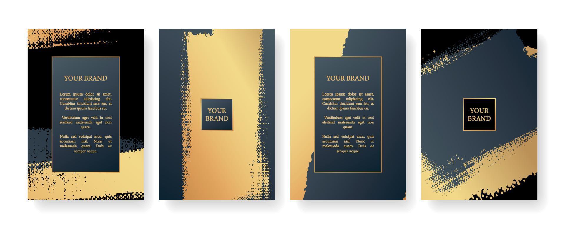 Luxury banner design set. Creative art pattern with gold brush stroke, paint drop on blue and black background. Luxe artistic vector collection for flyer, poster, notebook, brochure template