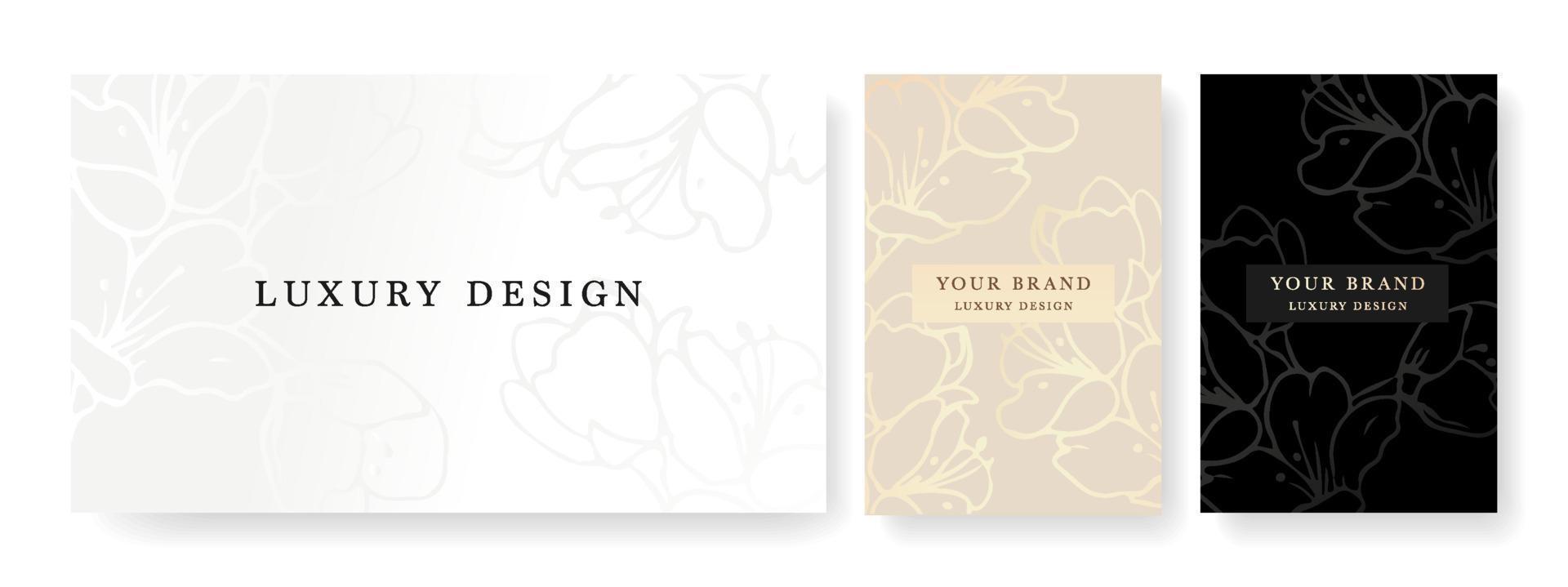 Luxury banner in light colors, frame design set with gold flower pattern. Trendy vector collection for catalog, luxury voucher, brochure template, magazine layout, beauty.