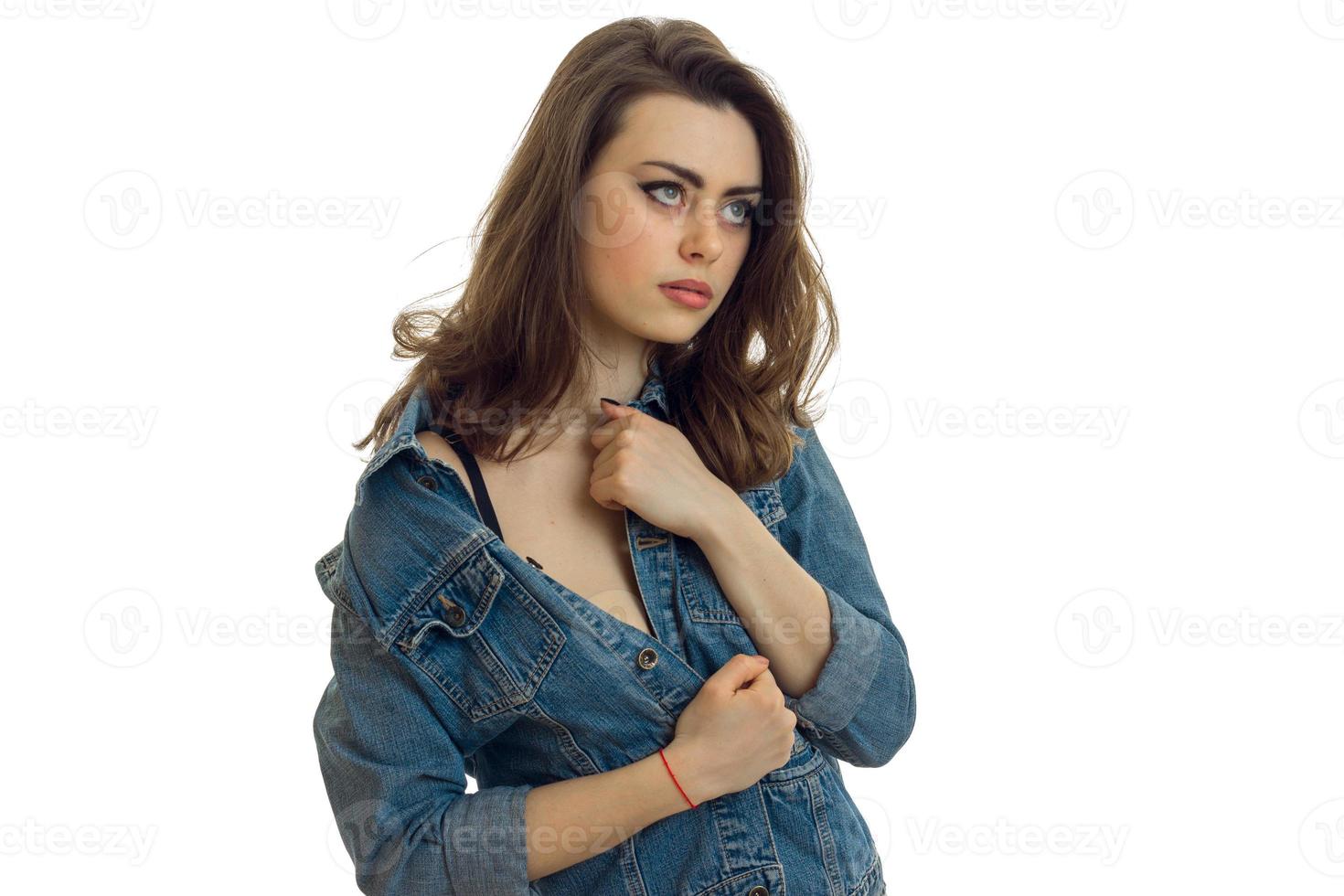 a close-up portrait of chic young girls with denim jacket is photo