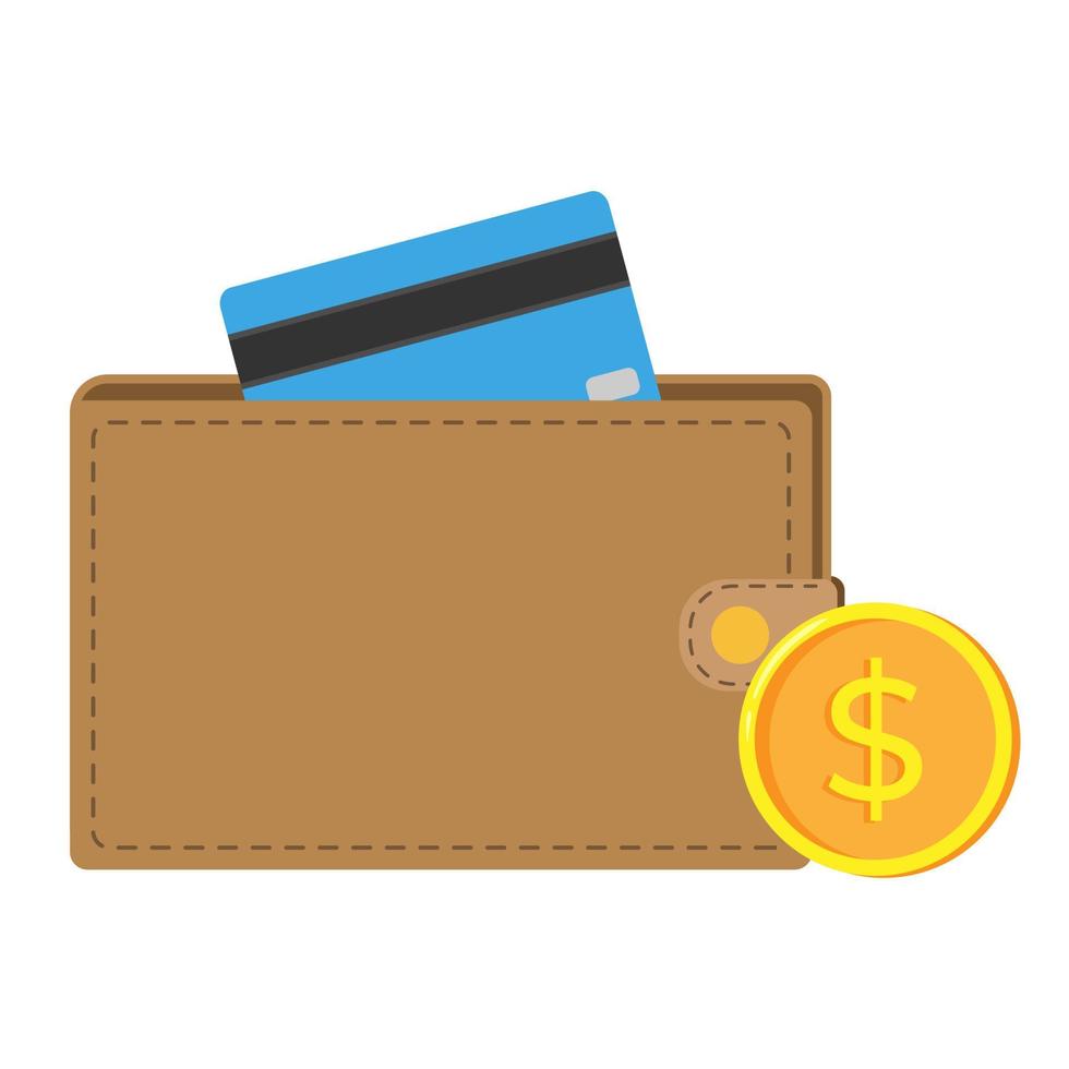 Wallet with dollar coins and credit card. Flat vector illustration.