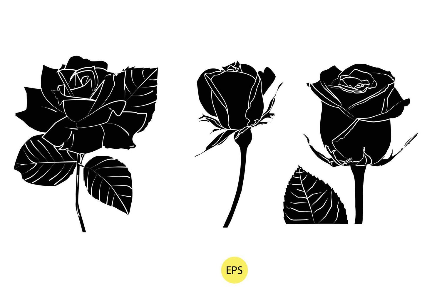 conjunto de siluetas de rosas decorativas negras, siluetas negras vectoriales de flores aisladas en un fondo blanco vector