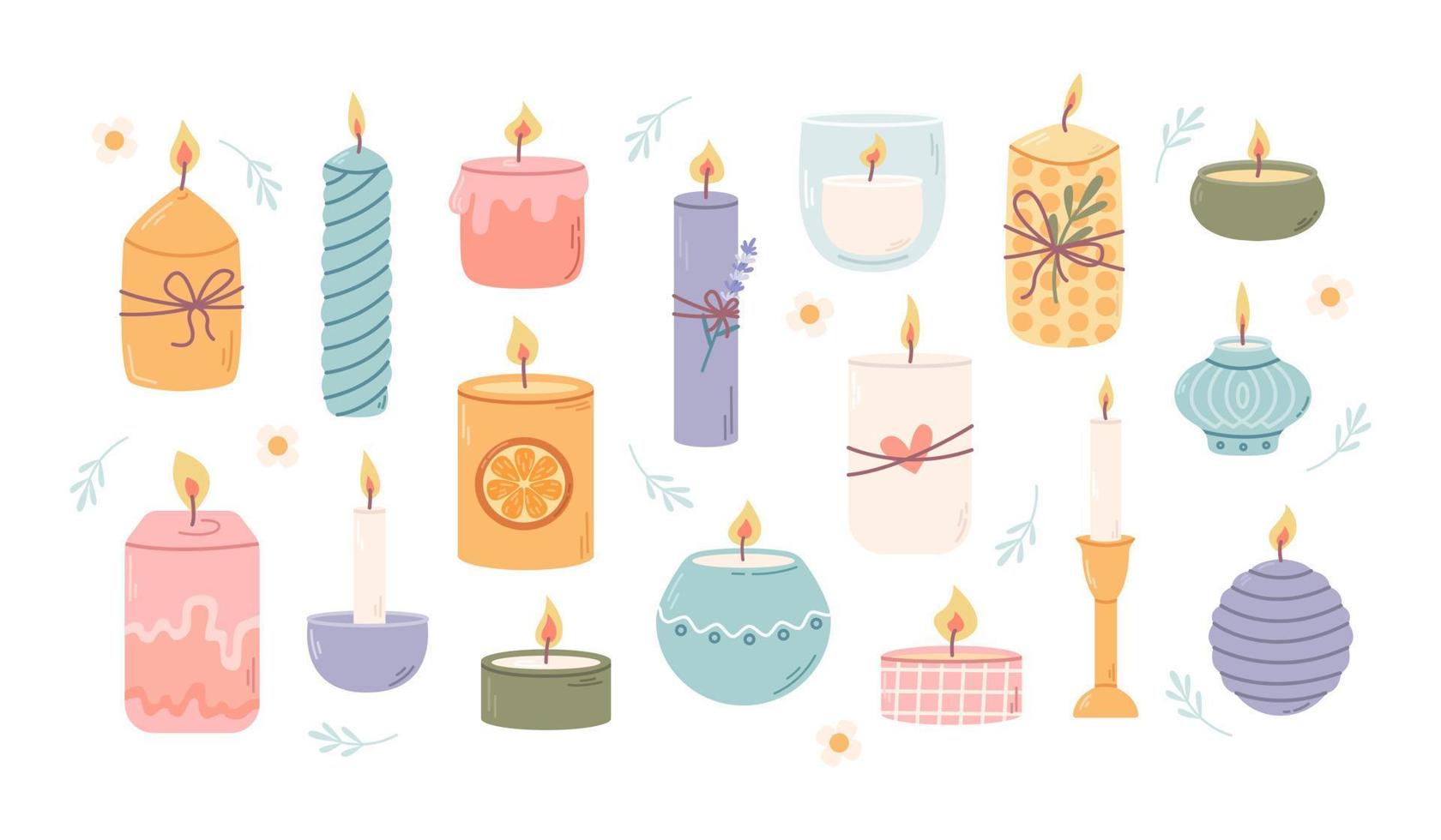 conjunto de diferentes velas en candelabros. decoración del hogar fragante para la comodidad, la relajación y el spa. ilustración plana vectorial vector