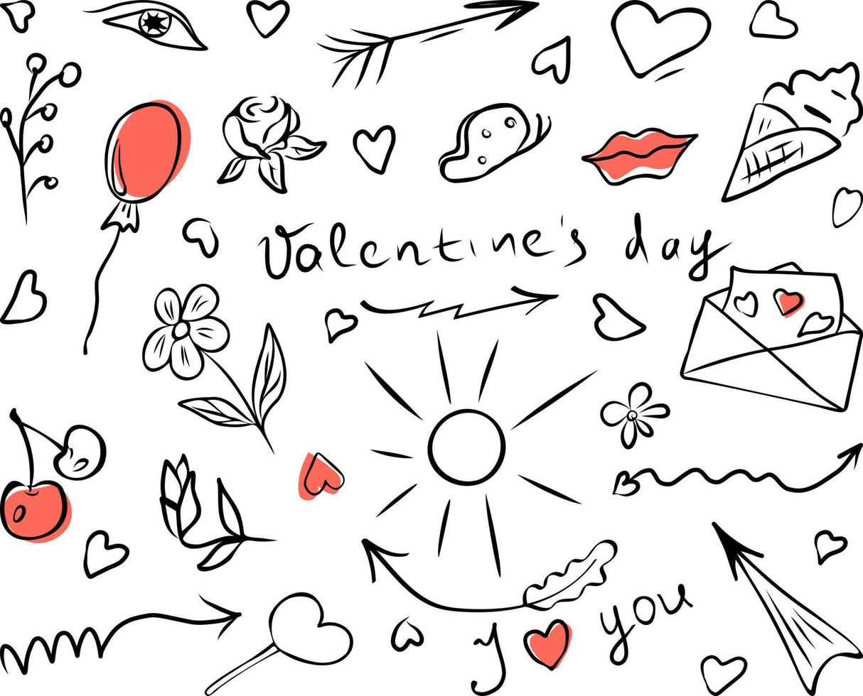 A set of elements for St. Valentine of lines, arrows, hearts, envelope, butterfly, sun, flowers, doodle style inscriptions vector