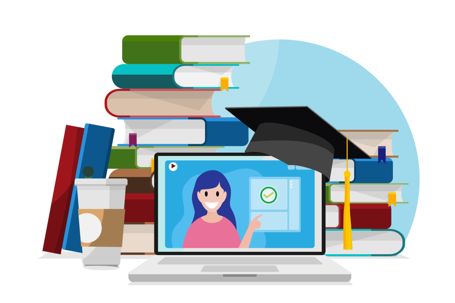 Online education concept, illustration. Study, learning online with laptop, tablet, smartphone and headphones from home. Cozy online learing and education with coffee and learning books png