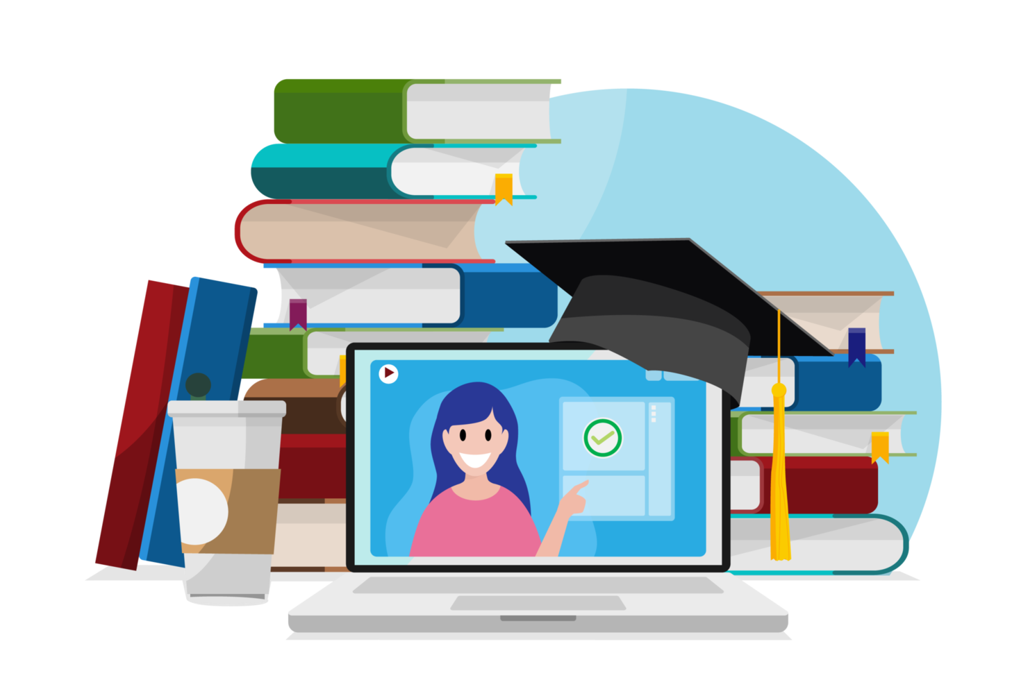 online onderwijs concept, illustratie. studie, aan het leren online met laptop, tablet, smartphone en hoofdtelefoons van huis. knus online leren en onderwijs met koffie en aan het leren boeken png