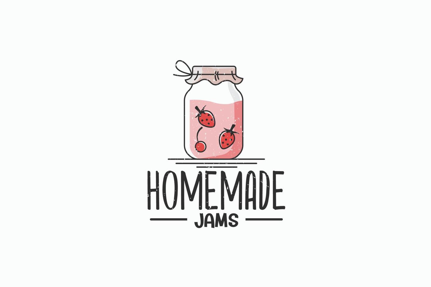 HOMEHandcrafted jams logo with a jar of jams, cherry and strawberries, in a rustic style vector