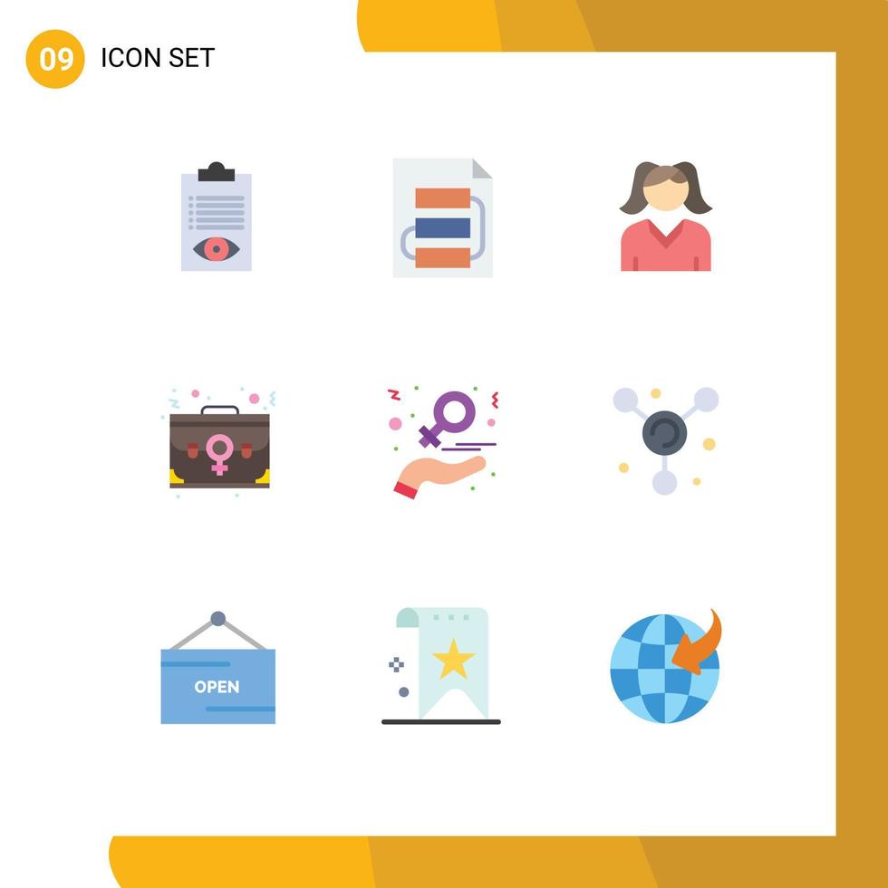Group of 9 Flat Colors Signs and Symbols for portfolio employee strategy case woman Editable Vector Design Elements