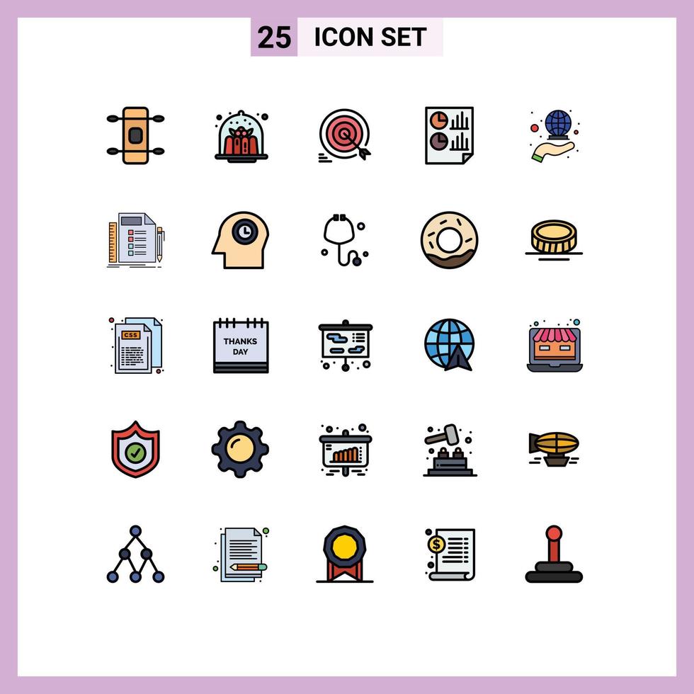 paquete de 25 signos y símbolos modernos de colores planos de línea rellena para medios de impresión web, como objetivos de datos de dardos de documentos de informe, elementos de diseño de vectores editables