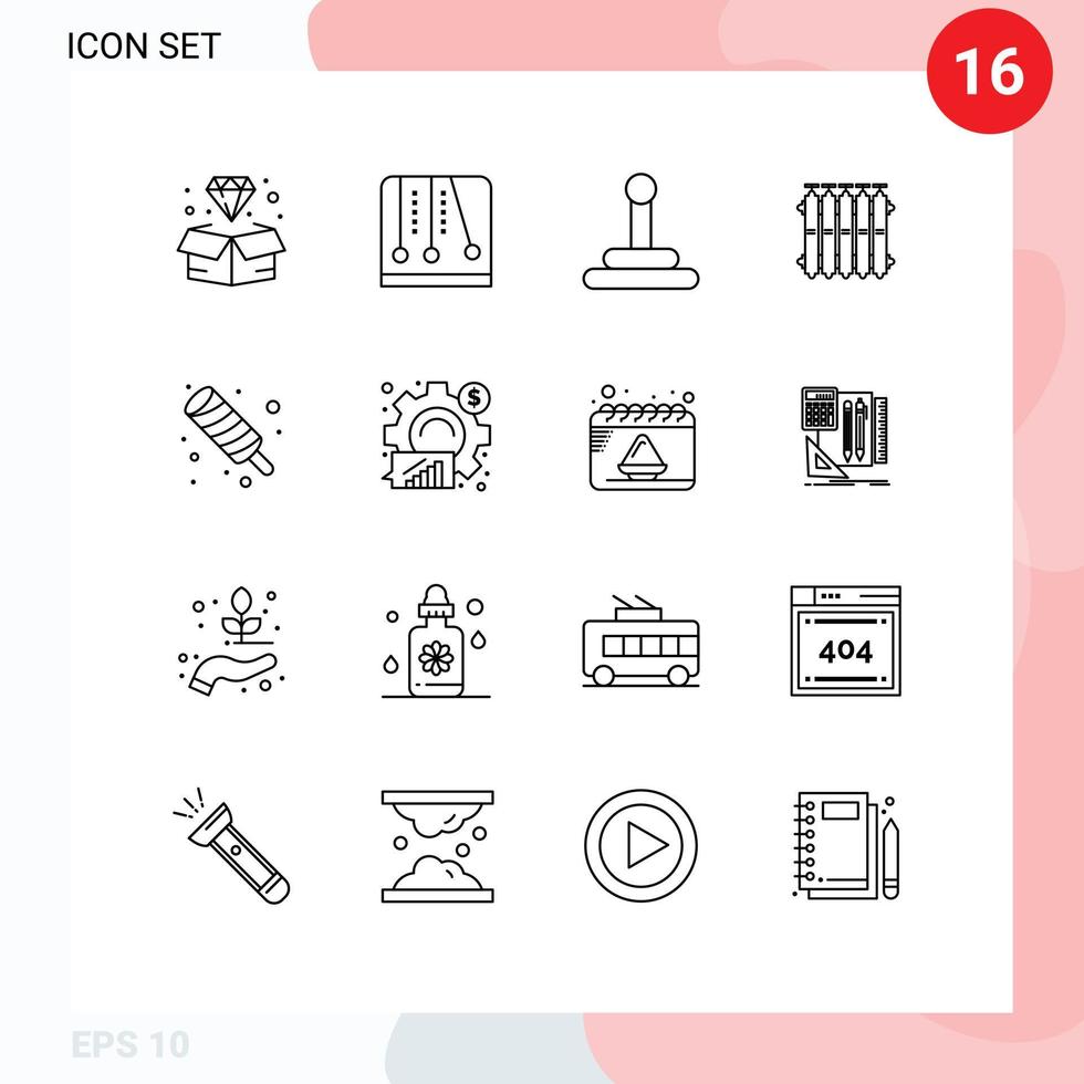 Pack of 16 Modern Outlines Signs and Symbols for Web Print Media such as ice cream summer gear heat battery Editable Vector Design Elements