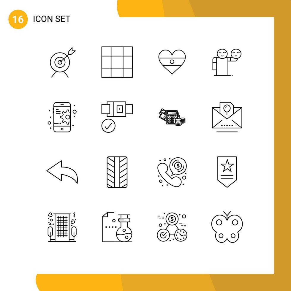 Universal Icon Symbols Group of 16 Modern Outlines of lock mobile heartflag gear healthcare Editable Vector Design Elements