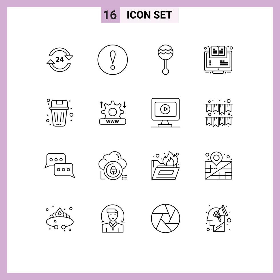 Mobile Interface Outline Set of 16 Pictograms of webinar e warning learning music Editable Vector Design Elements