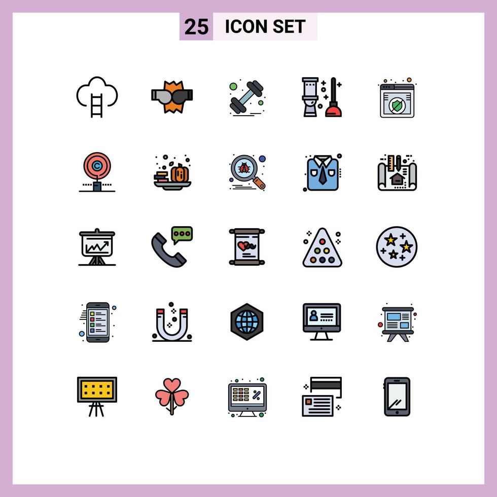 Editable Vector Line Pack of 25 Simple Filled line Flat Colors of non secure room dumbbell bath toilet Editable Vector Design Elements