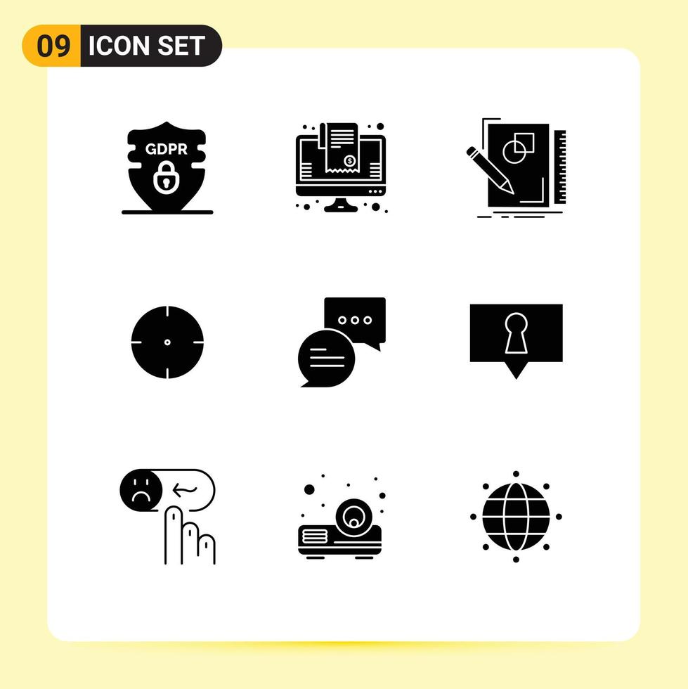 9 User Interface Solid Glyph Pack of modern Signs and Symbols of chatting target sketch goal geometry Editable Vector Design Elements