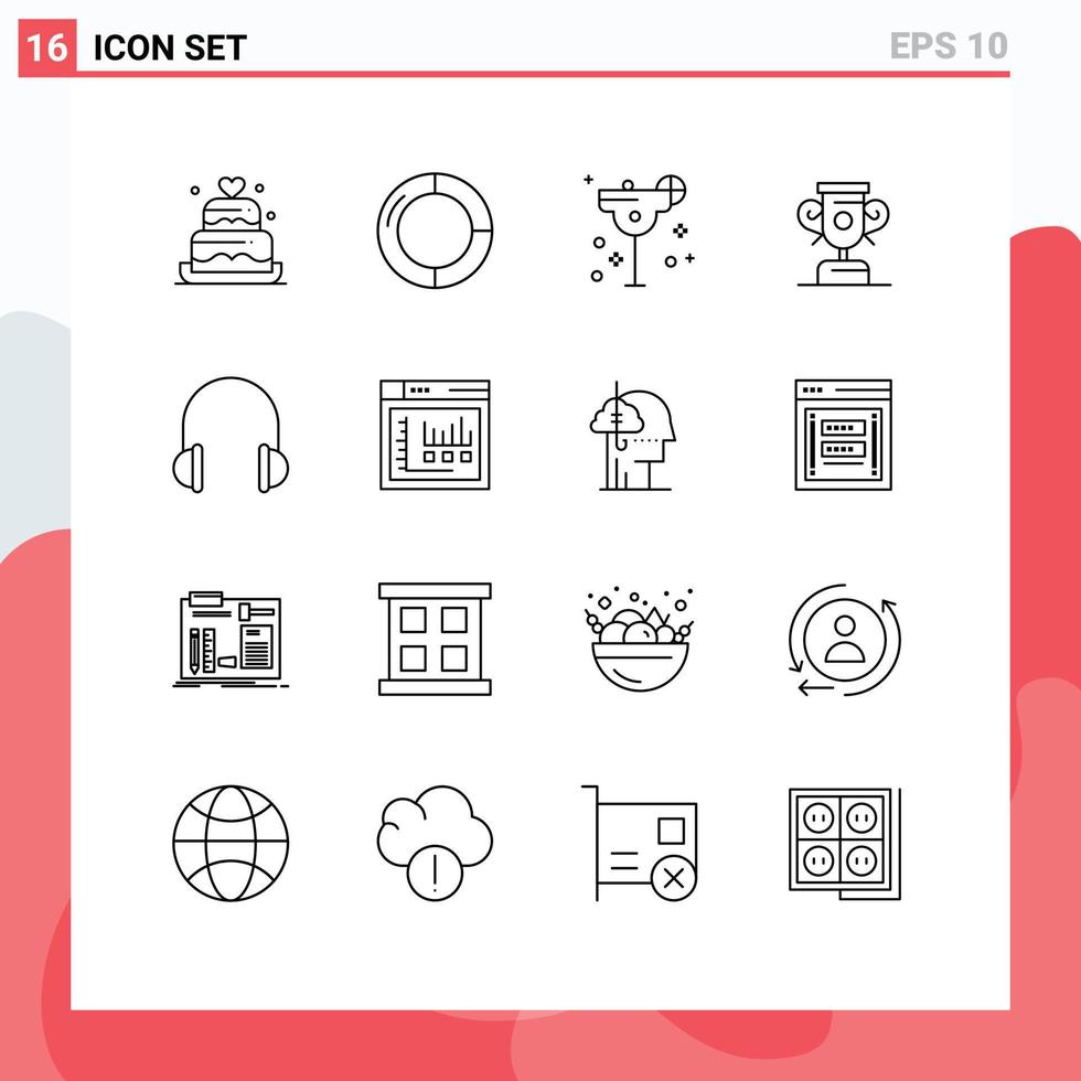 16 User Interface Outline Pack of modern Signs and Symbols of headset audio cocktail training education Editable Vector Design Elements