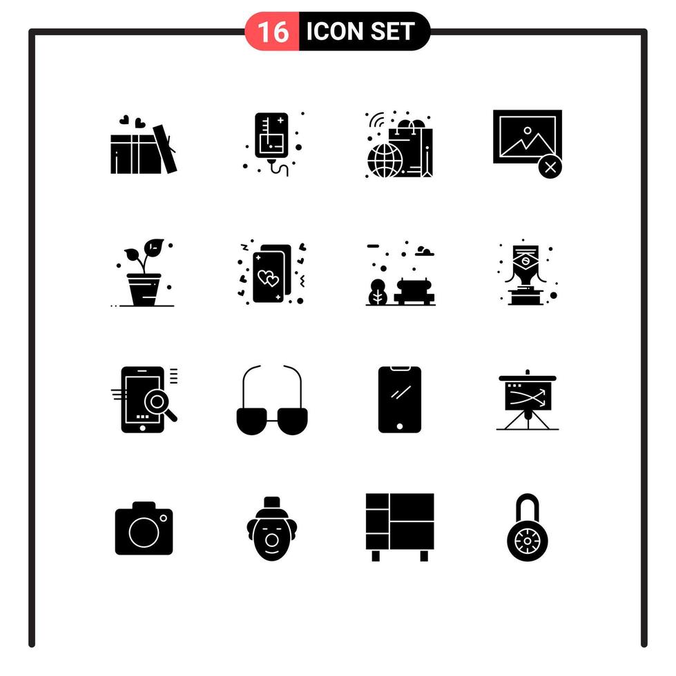 Pack of 16 Modern Solid Glyphs Signs and Symbols for Web Print Media such as spring leaf bag photo delete Editable Vector Design Elements
