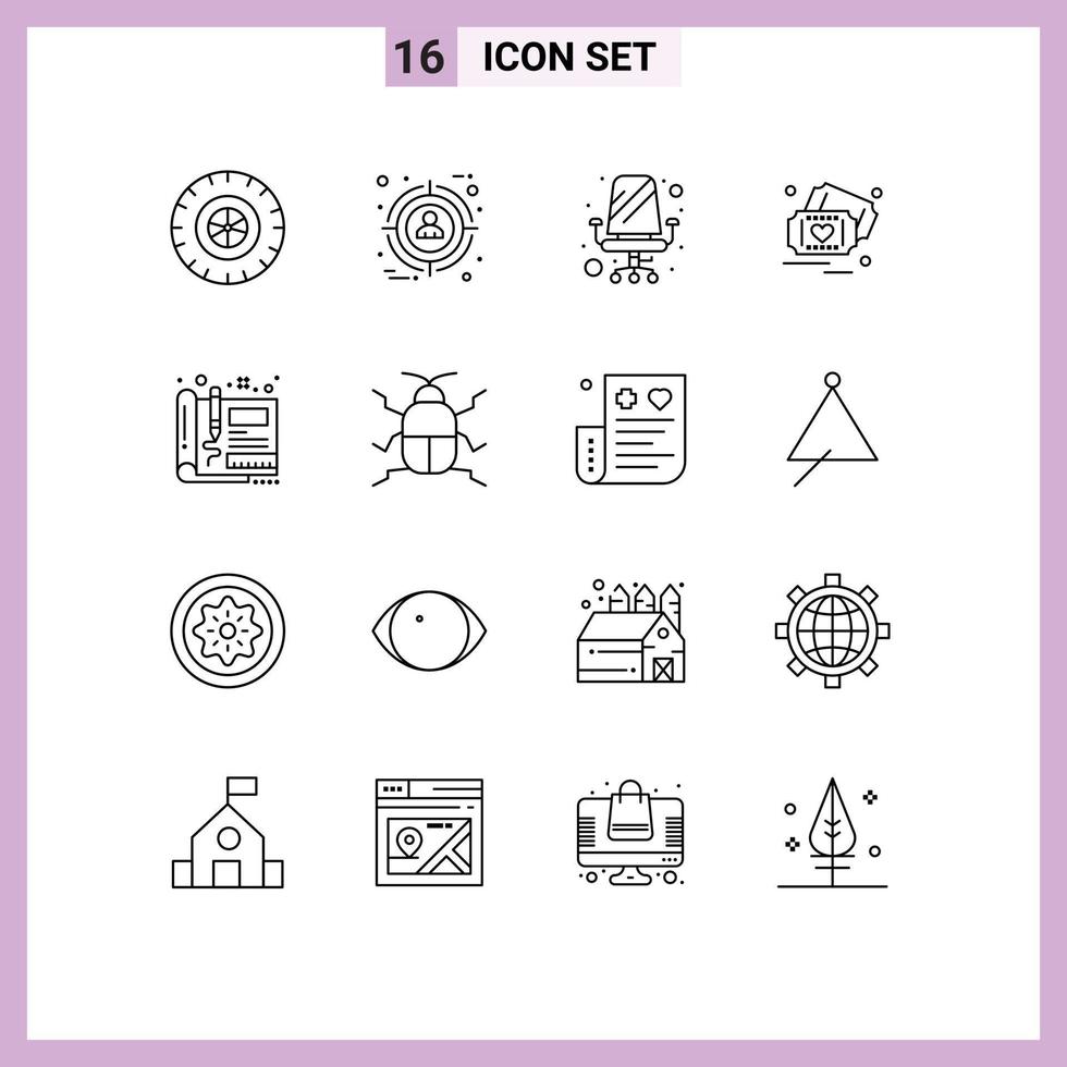 Pack of 16 creative Outlines of engineering blueprint furniture wedding love Editable Vector Design Elements