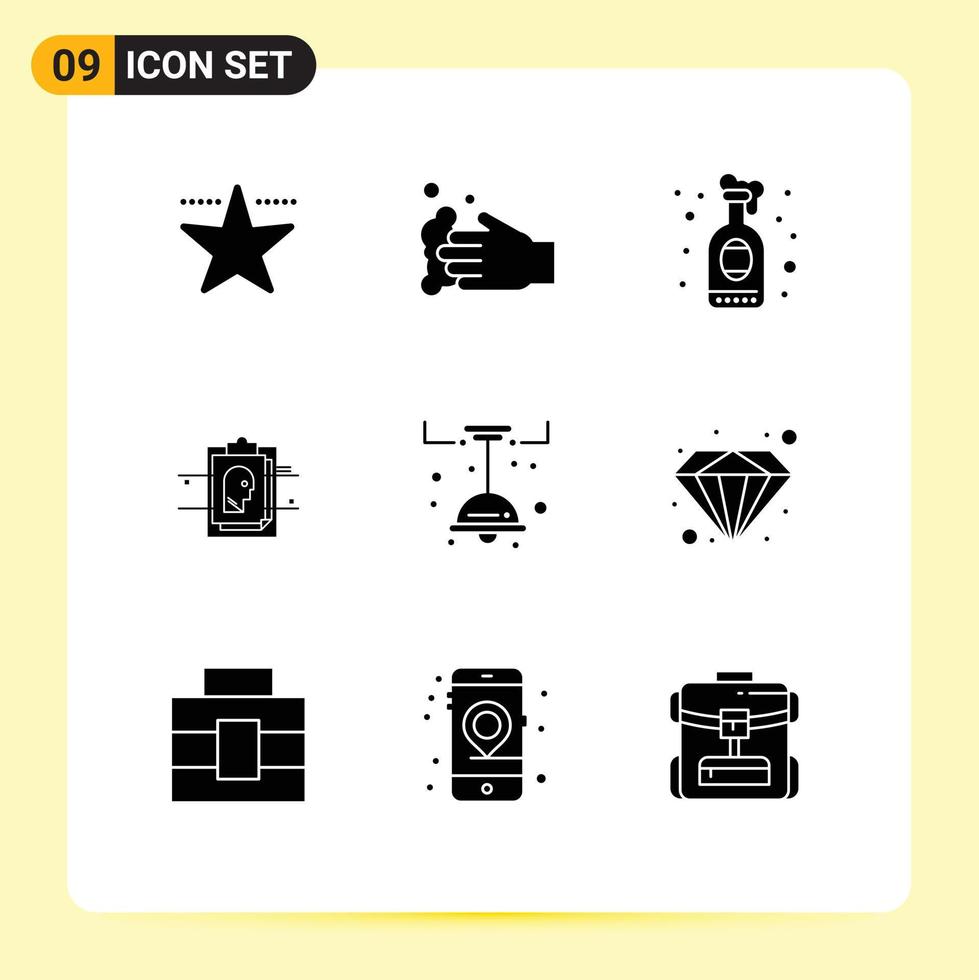Set of 9 Vector Solid Glyphs on Grid for light kitchen drink user id card Editable Vector Design Elements