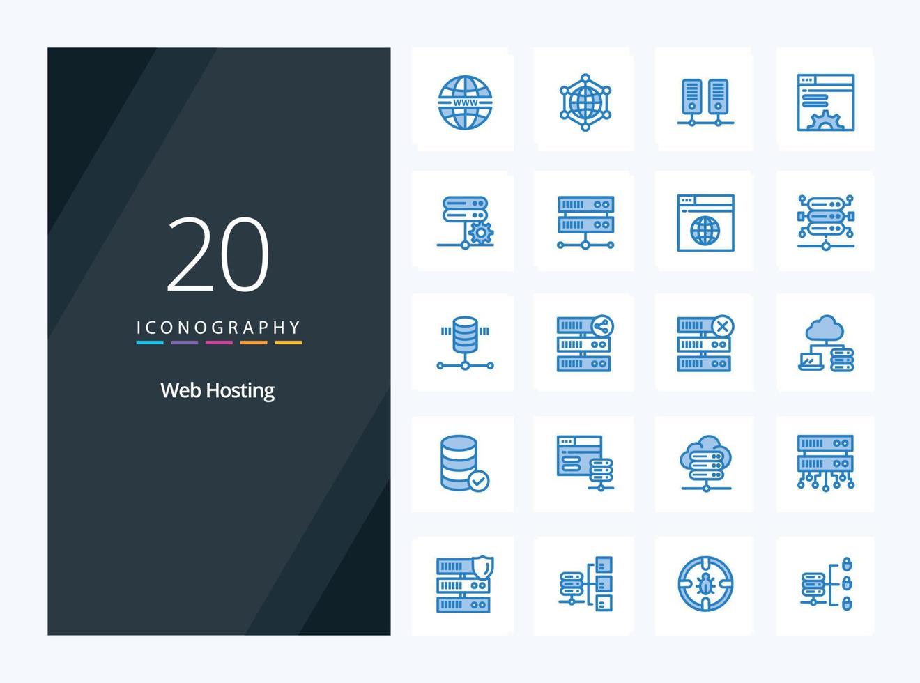 20 icono de color azul de alojamiento web para presentación vector