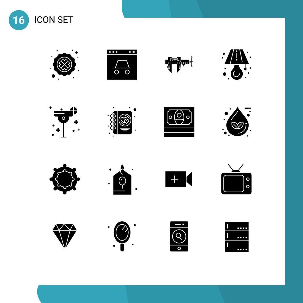 grupo universal de símbolos de iconos de 16 glifos sólidos modernos de elementos de diseño de vectores editables para reparación de lámparas de sitio web de luz de cóctel