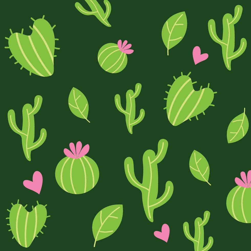 Cute Cactus Seamless Pattern with Love Elements and leafs Vector Art Illustration Background Design