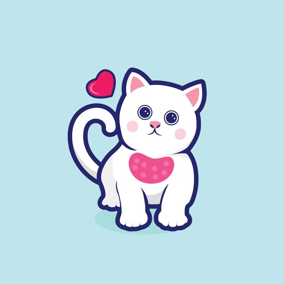 Cute white cat vector illustration with a love icon. Doodle cartoon style Cat for printable Tshirt, banner, poster greeting card, valentines day