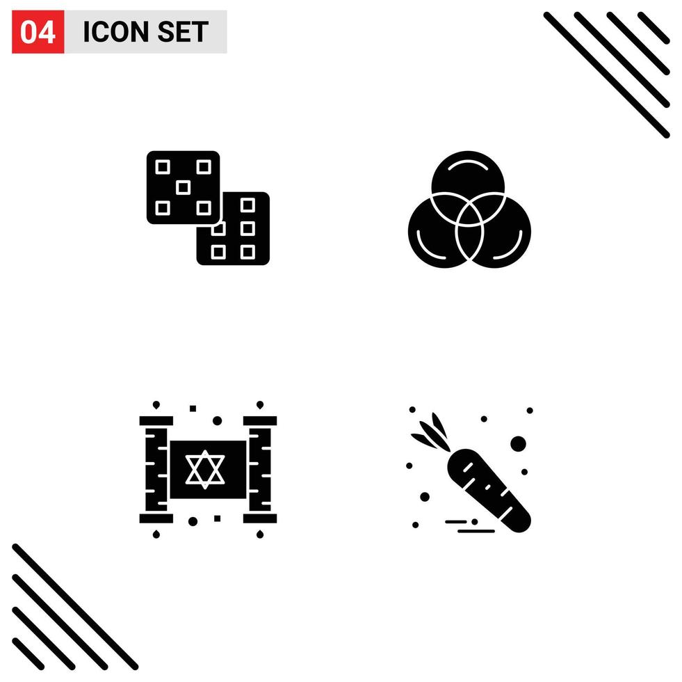 Group of 4 Modern Solid Glyphs Set for dice religion rgb hanukkah food Editable Vector Design Elements