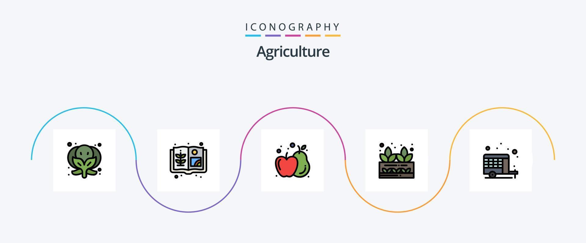 la línea de agricultura llenó el paquete de iconos planos 5 que incluye. coche. manzana. acampar. planta vector