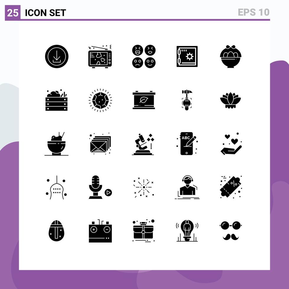 Pack of 25 creative Solid Glyphs of egg safe tv deposit sad Editable Vector Design Elements