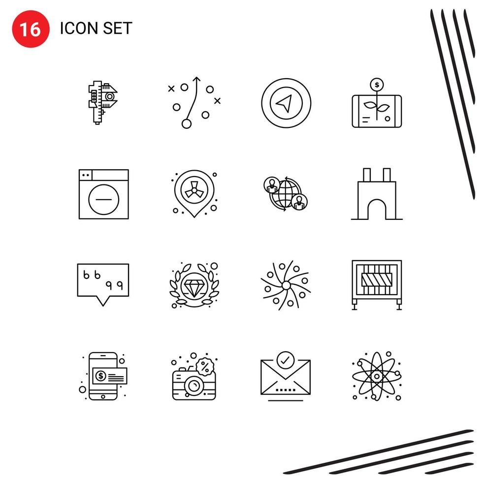 Mobile Interface Outline Set of 16 Pictograms of design smartphone map report economy Editable Vector Design Elements