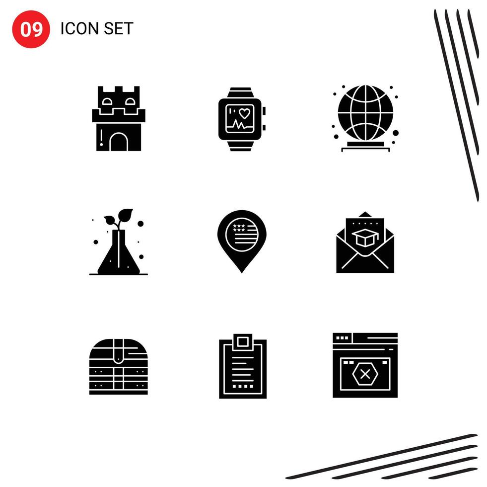 Group of 9 Modern Solid Glyphs Set for map american heart trees science Editable Vector Design Elements