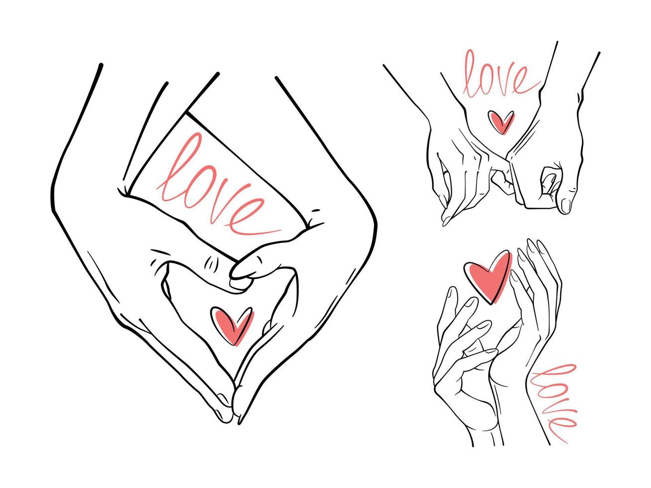 manos vectoriales simples. arte lineal. la mano de un hombre sostiene la mano de una mujer. texto con una declaración de amor. Algunos ejemplos. manos vectoriales simples. arte lineal. corazón rojo vector