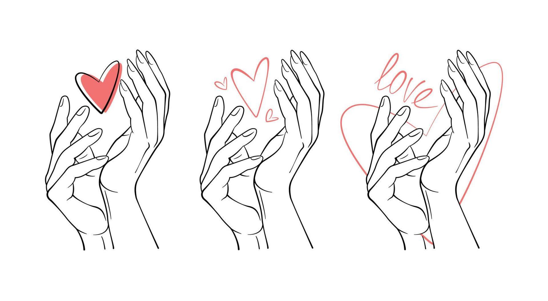 Simple vector hands. Line art. A man's hand and a woman's hand. Text with declaration of love. Simple vector hands. Simple vector hands. Line art. Red heart