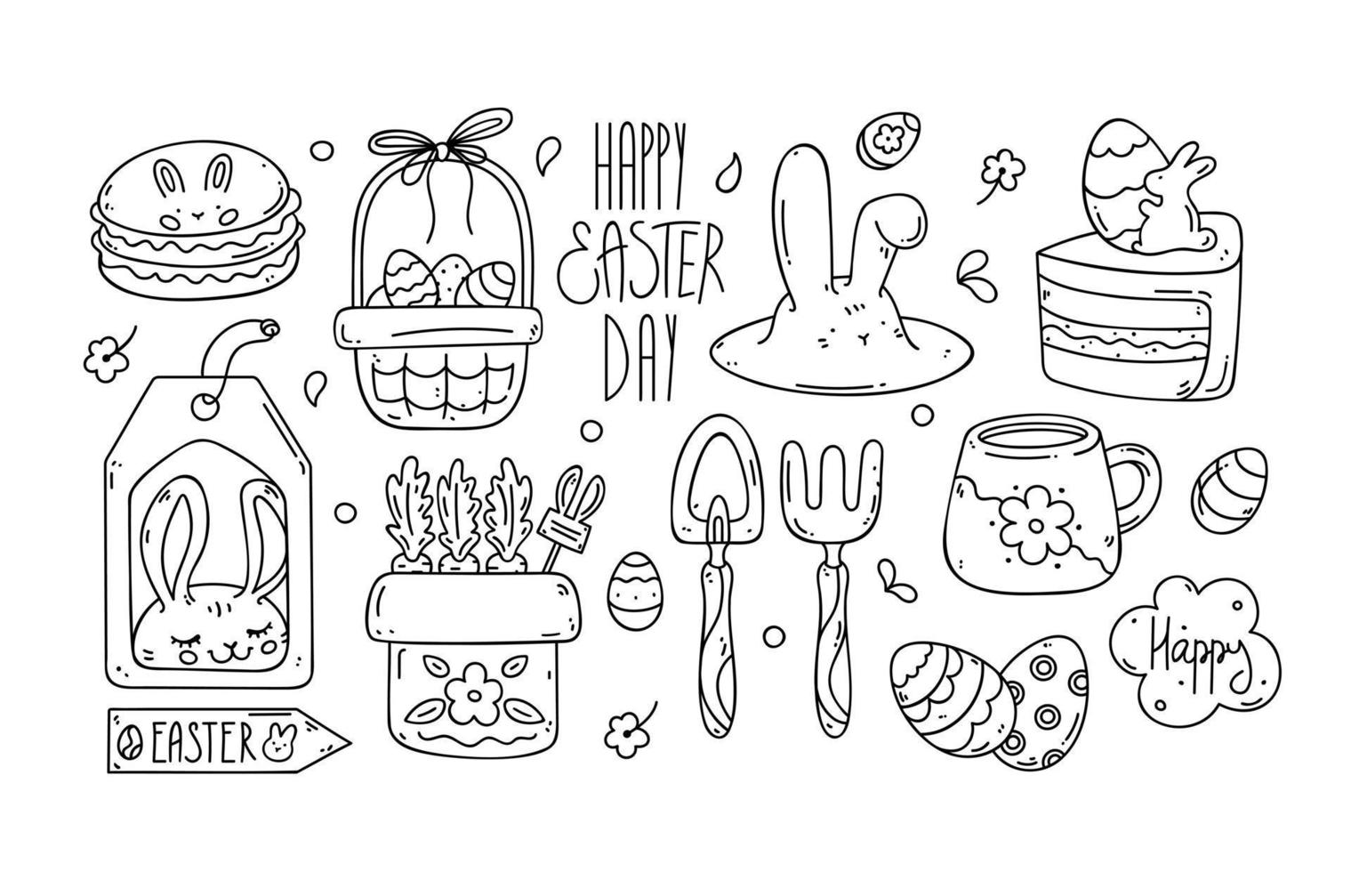 Hand drawn collection of Easter doodles. Line art, cartoon style. Festive mood. vector