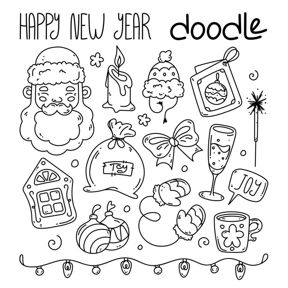 Hand drawn collection of Happy New Year doodles. Line art, cartoon style. Festive mood. vector