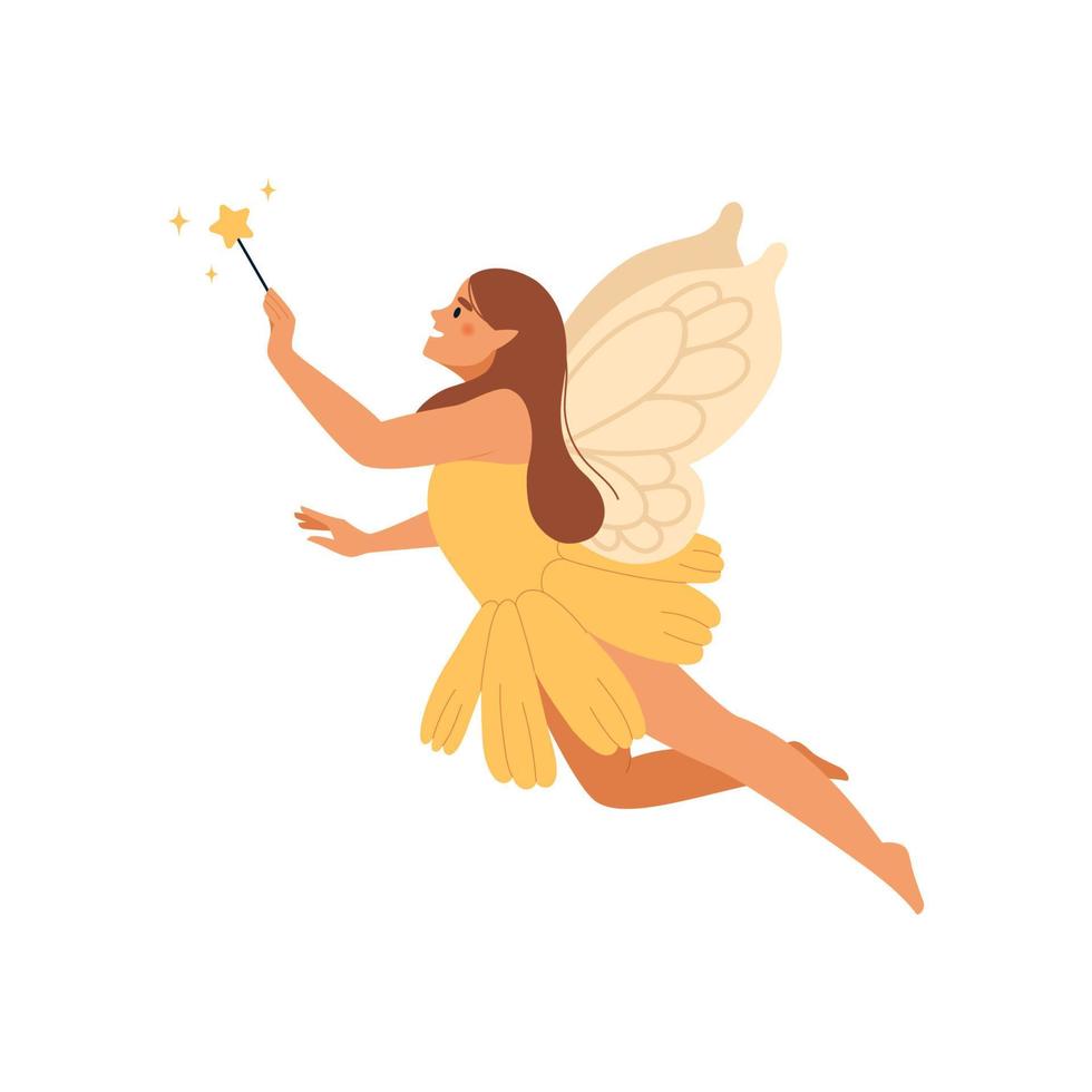 Fairy with a magic wand. Mythical fairy tale character. Flat vector illustration.
