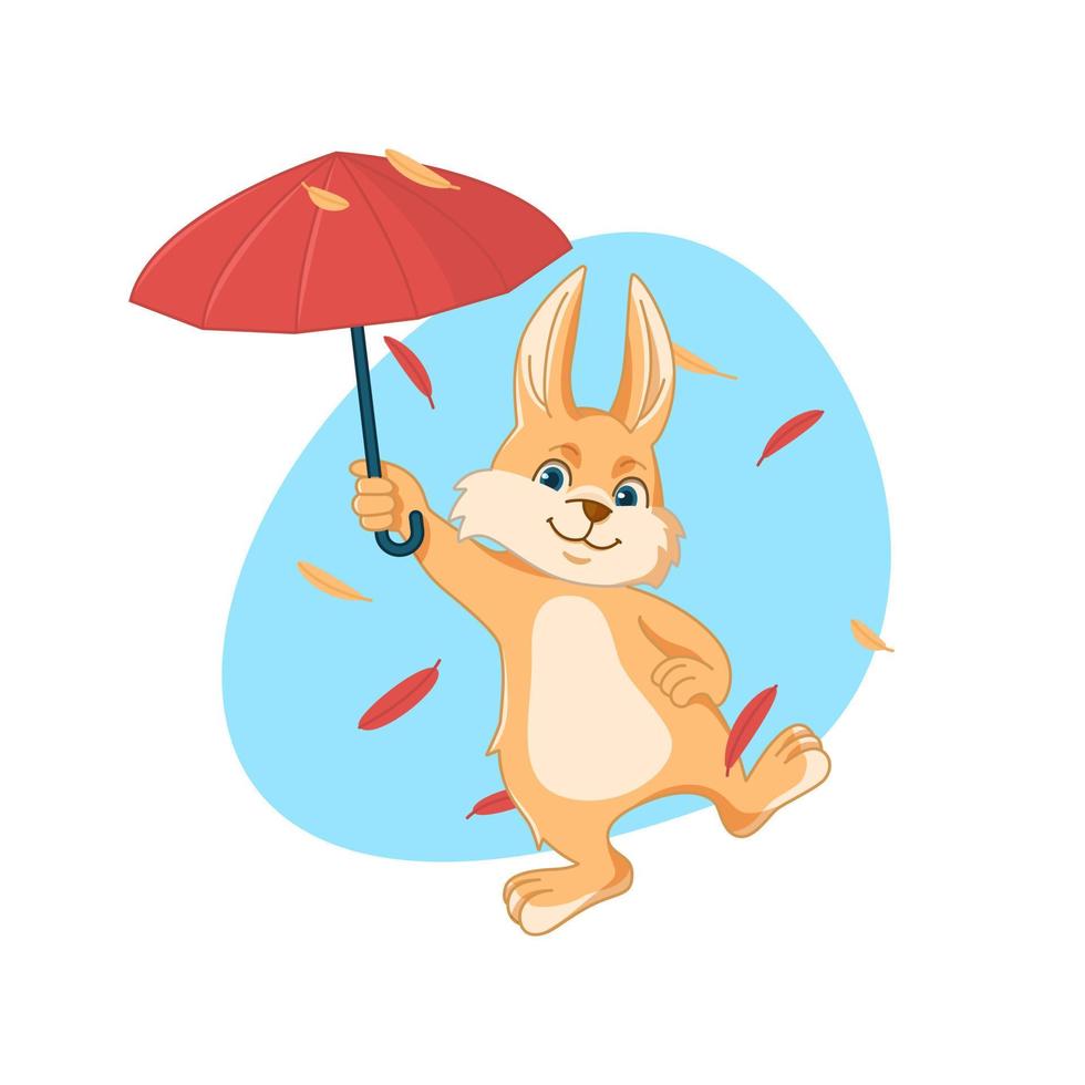 Rabbit with red umbrella and falling autumn leaves vector