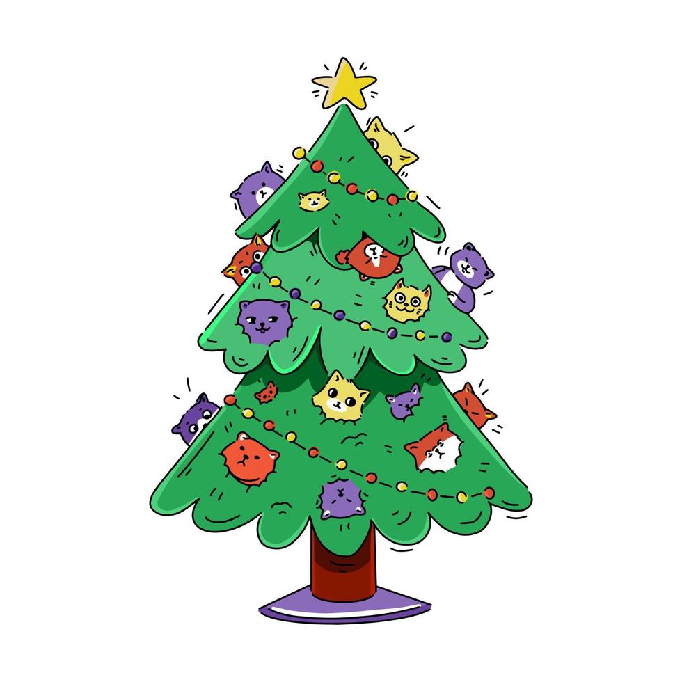 Funny cats on Christmas tree in doodle style vector