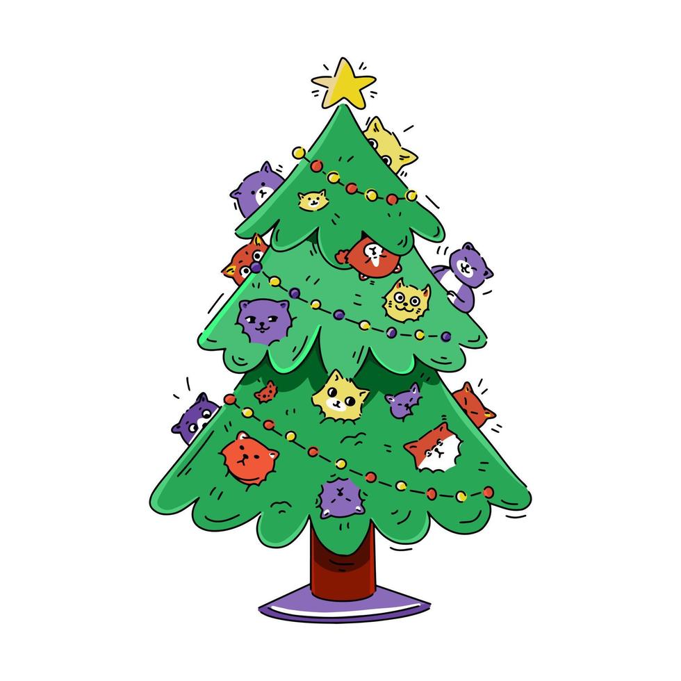 gatos divertidos en el árbol de navidad en estilo garabato vector