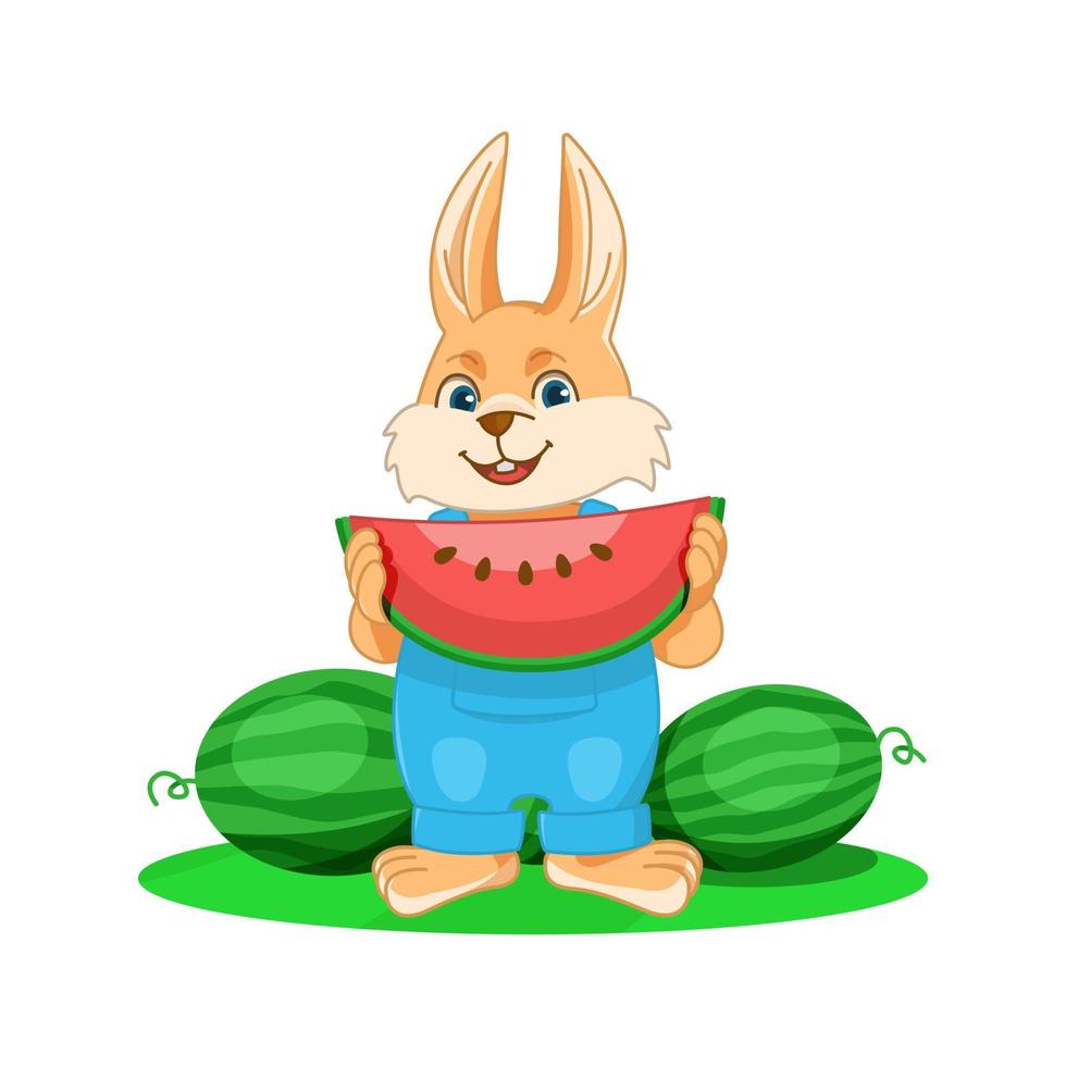 Rabbit in overalls holding watermelon slice vector