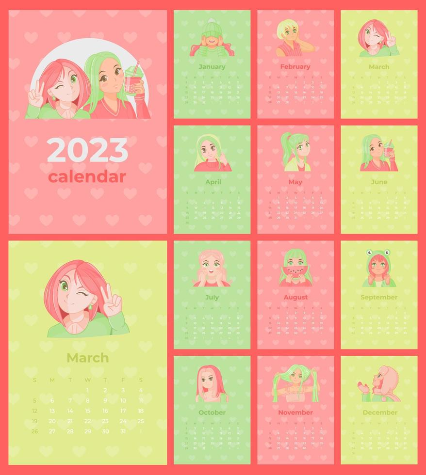 plantilla de calendario mensual 2023 con chicas anime vector