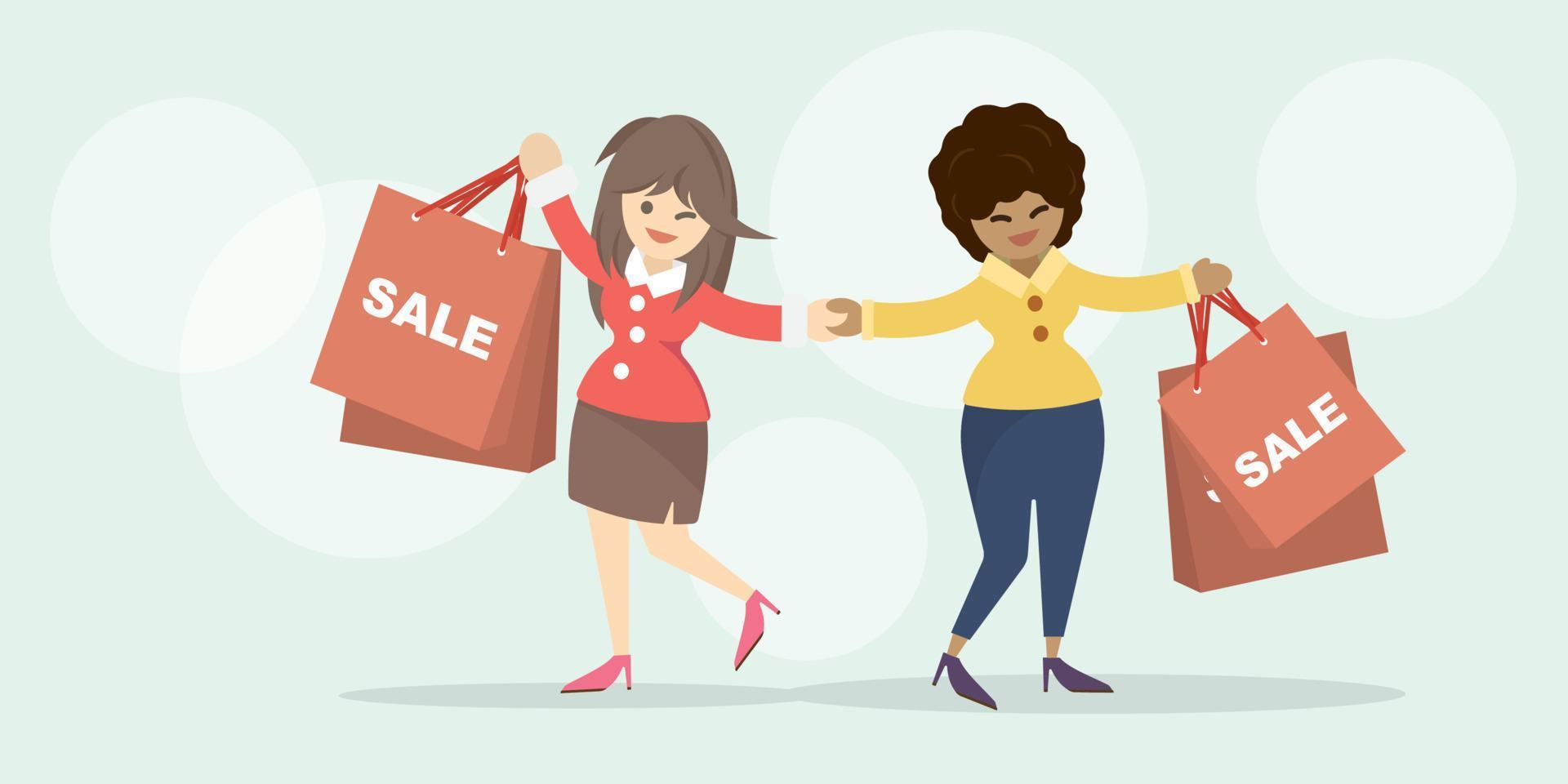 Couple of businesswomen with a lot of shopping bags in hands during the sale or discount at the end of season. Happy women shopping together. Vector cartoon flat illustration.