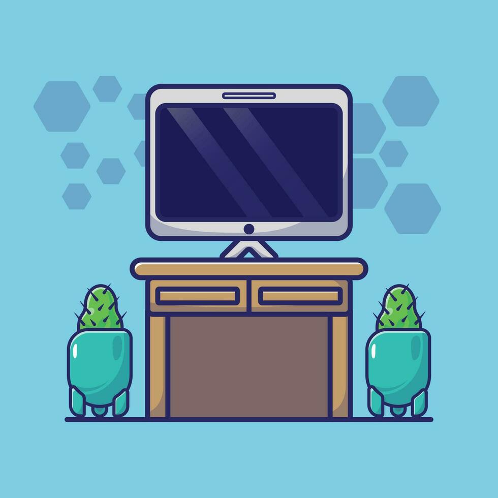 Simple cartoon illustration of computer on desk. interior concept. Isolated background vector
