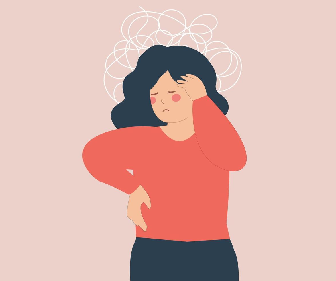 Sad woman with tangled thoughts suffers from stress, depression, anxiety. Anxious girl has confused thinking. Depressed female adolescent has memory problems. Concept of mental health disorder. vector