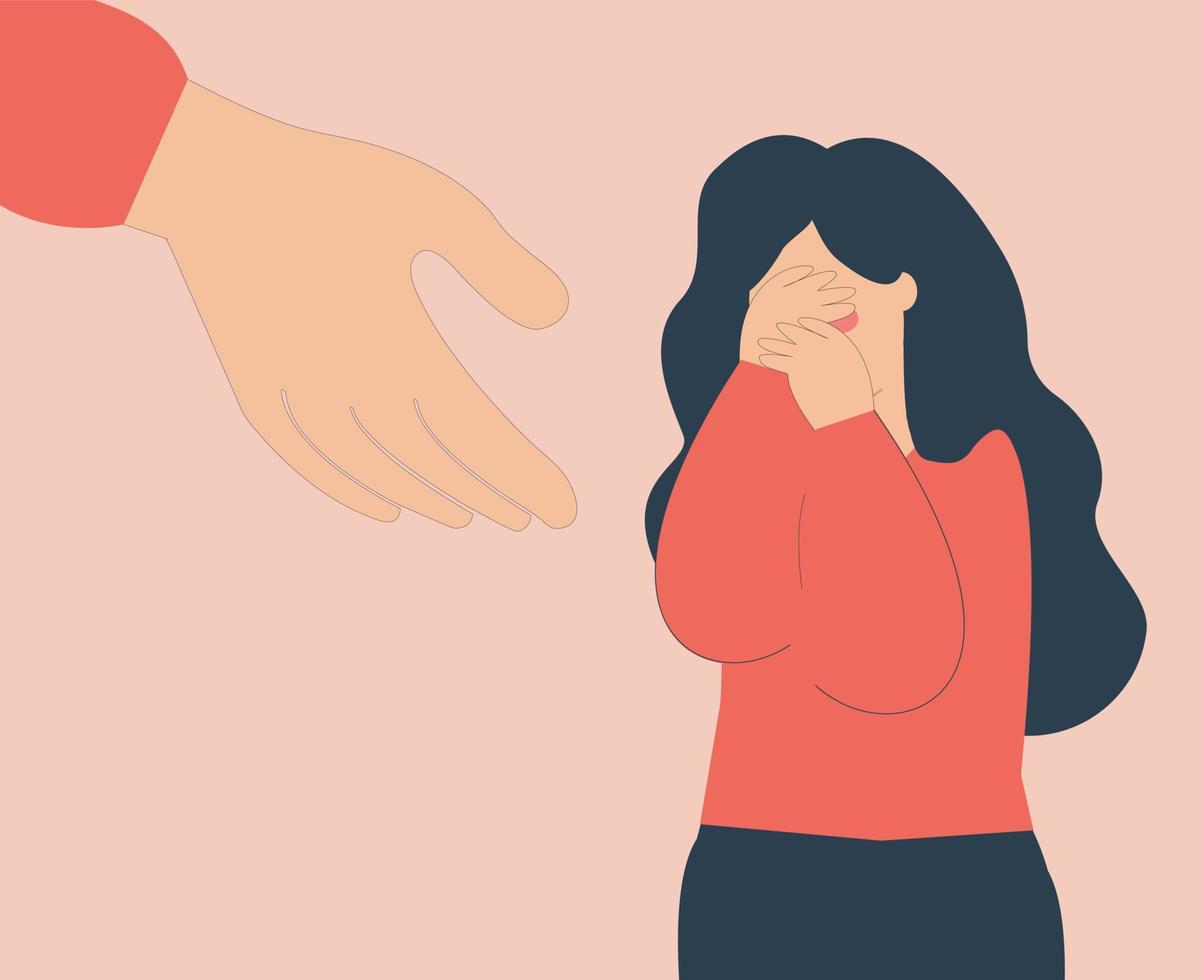 A hand supports a woman to get rid of stress and depression. Sad girl needs help due to abuse, bullying and violence. Female crying and covering her face. concept of Mental health and rehabilitation. vector