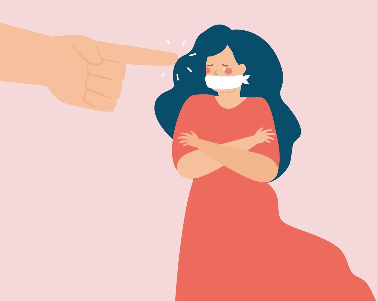 Silenced woman by force suffers from abuse. Female blamed by people pointing fingers at her. Teenage girl bullied by society. Stop bullying, violence against women and children concept. Vector stock.