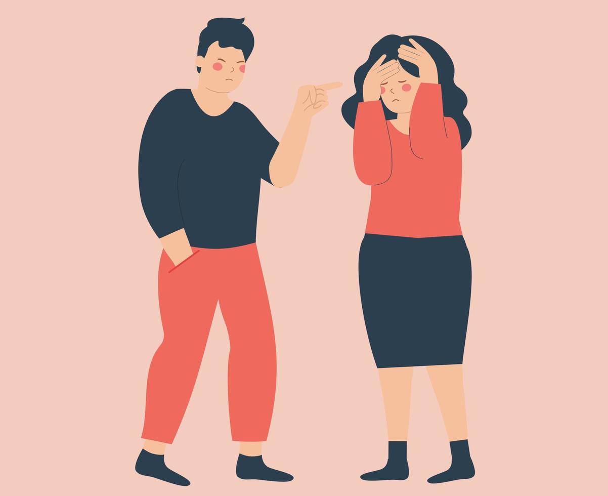 ilustración de pelea de pareja, conflicto. hombre enojado culpando, gritando a una mujer triste y molesta. pelea, desacuerdo entre dos personas en malas relaciones. detener la violencia doméstica y el acoso contra las mujeres vector