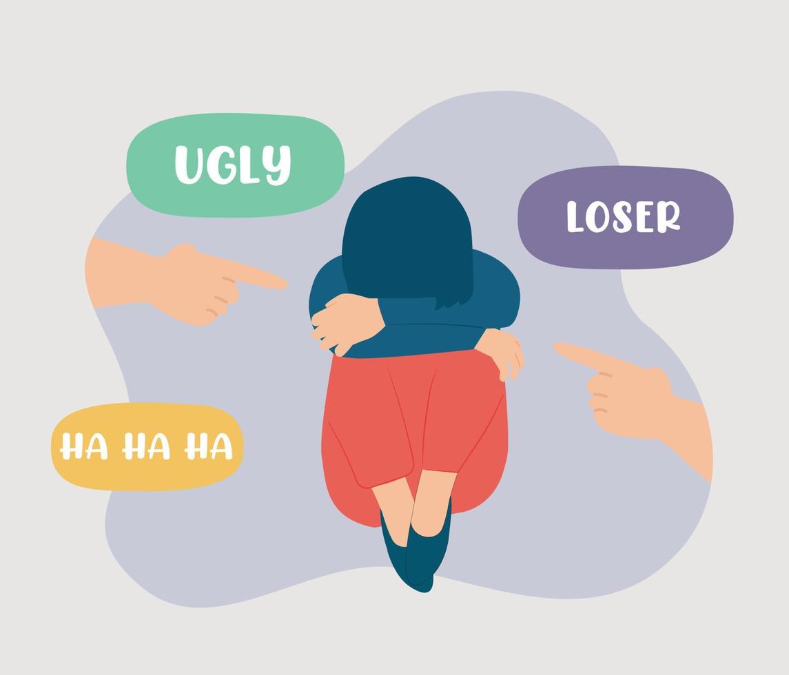 Lonely girl suffers from bullying, contempt. Abused female feels sadness, anxiety and depression because of people's fingers pointed at her. Stop violence, abuse and cyberbullying against children. vector