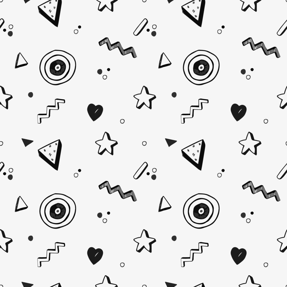 Retro pattern with doodles, hearts, stars, black and white, retro vibe, doodle hand drawn vector